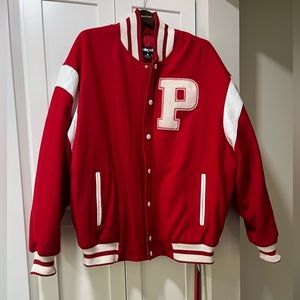 Red and white letterman pelle pelle coat